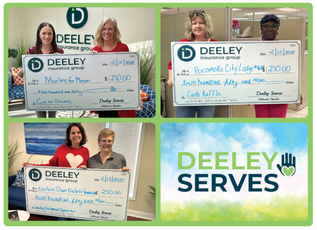 Collage of Deeley Insurance Group employees holding oversized checks for donation to several local nonprofit groups and charitable causes.