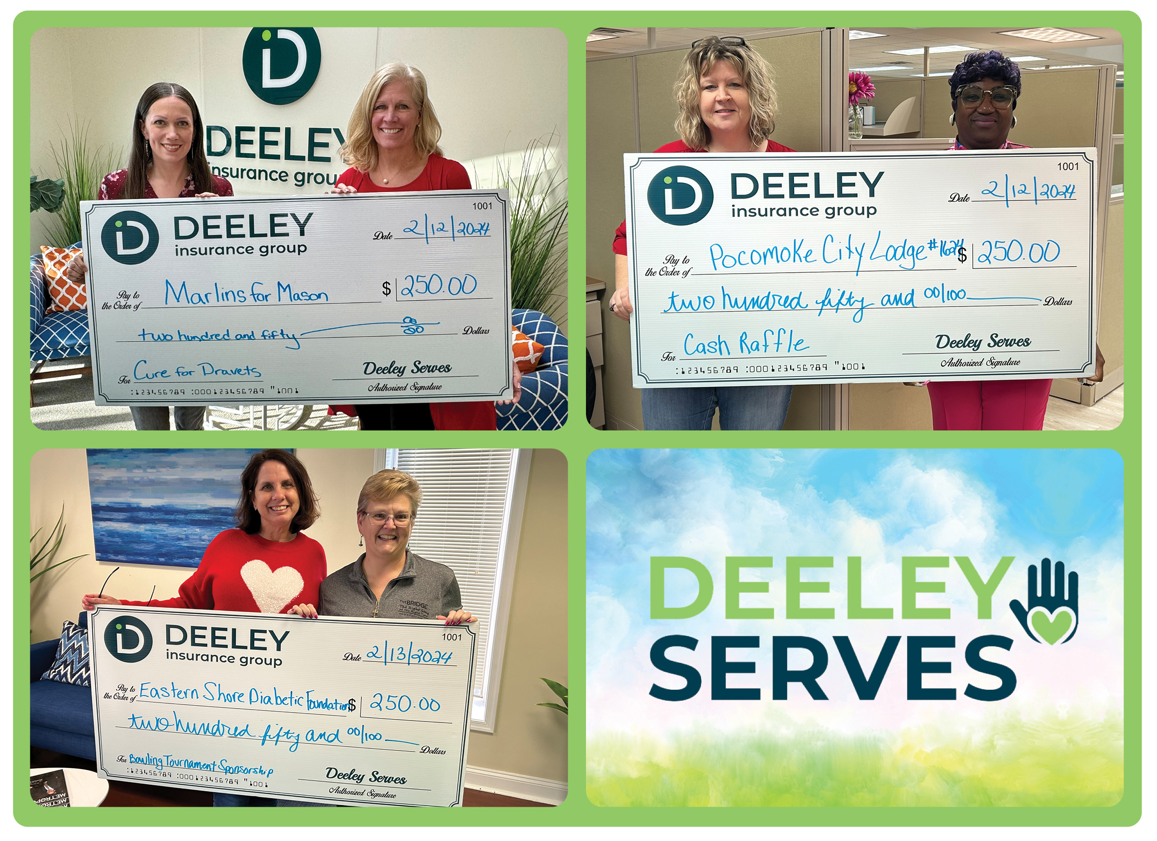 Deeley Serves Feb 2024 Collage of Deeley Insurance Group employees holding oversized checks for donation to several local nonprofit groups and charitable causes.