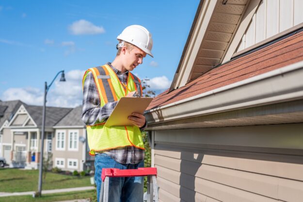 Home inspector providing an inspection to a house. Home Inspector providing an inspection to a house within a residential community.